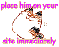 pixelated drawing of a snuggly cat with text reading 'place him on your site immediately'